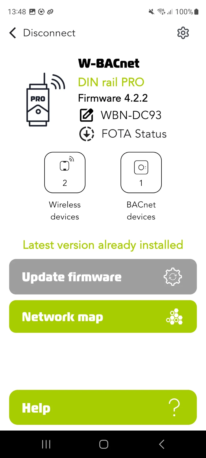 Connected W-BACnet device screen showing the settings icon in the top right