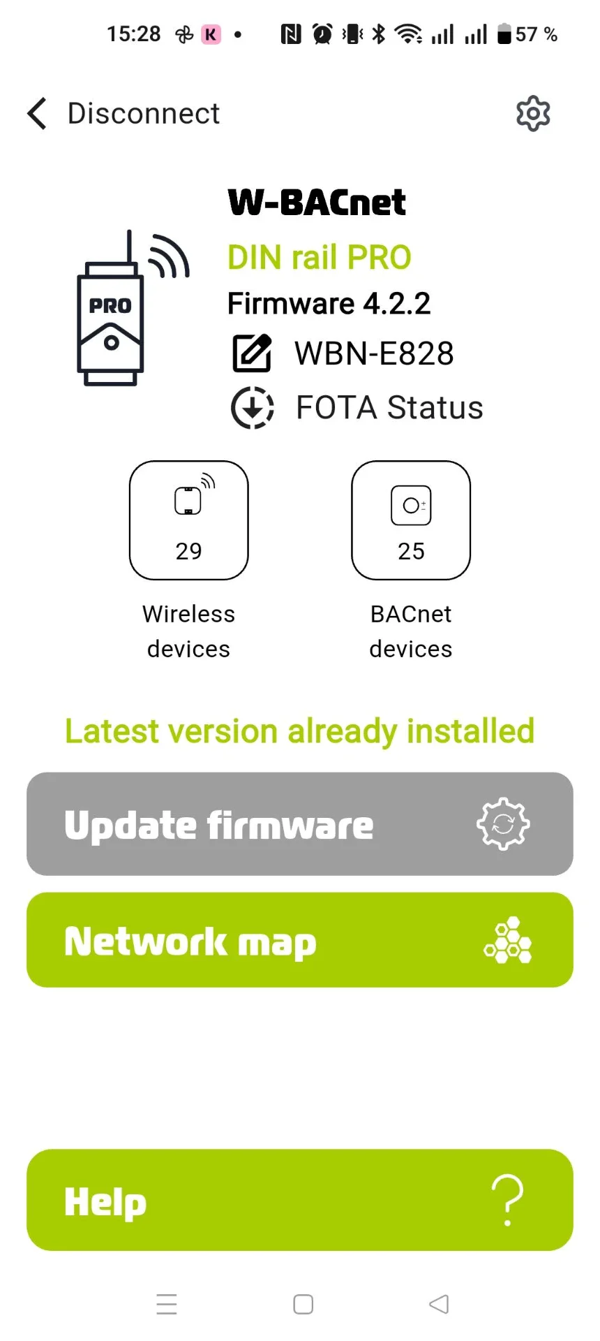 FOTA Status button on the W-BACnet app home screen