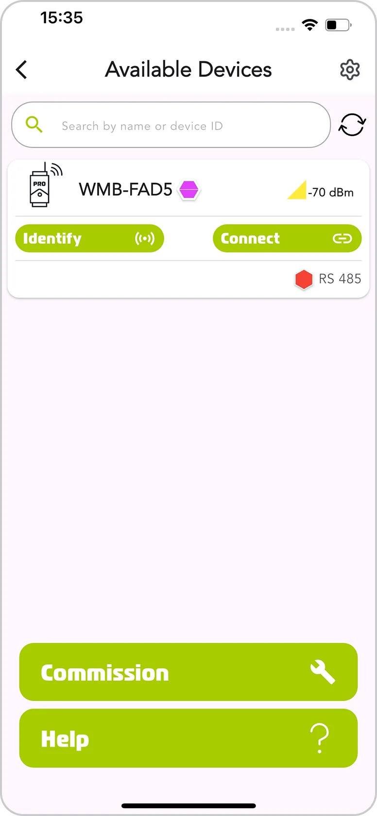 Available Devices screen with Settings icon