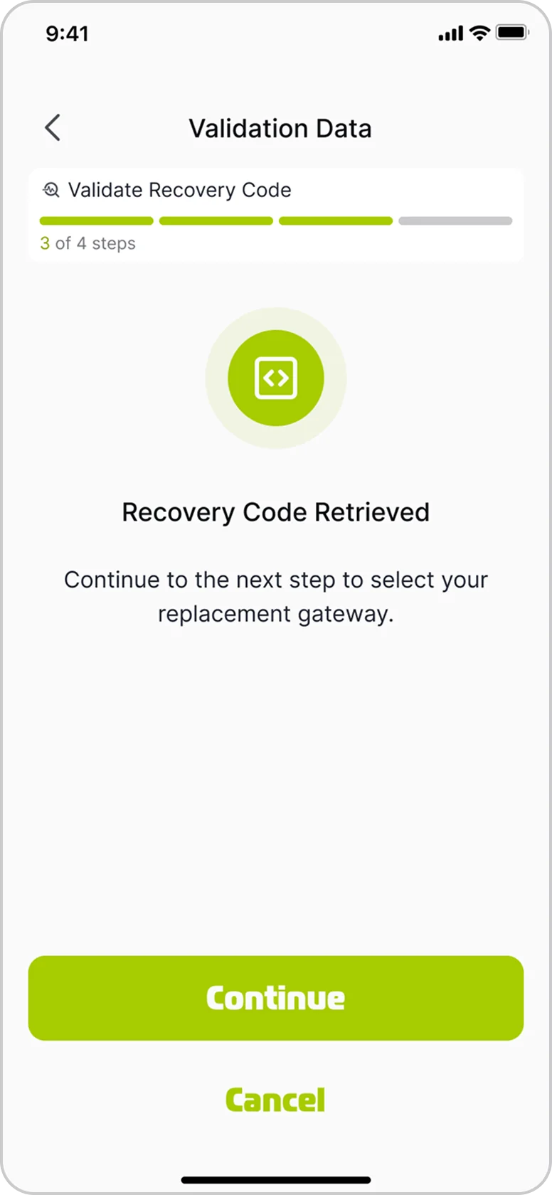 Recovery code retrieved confirmation