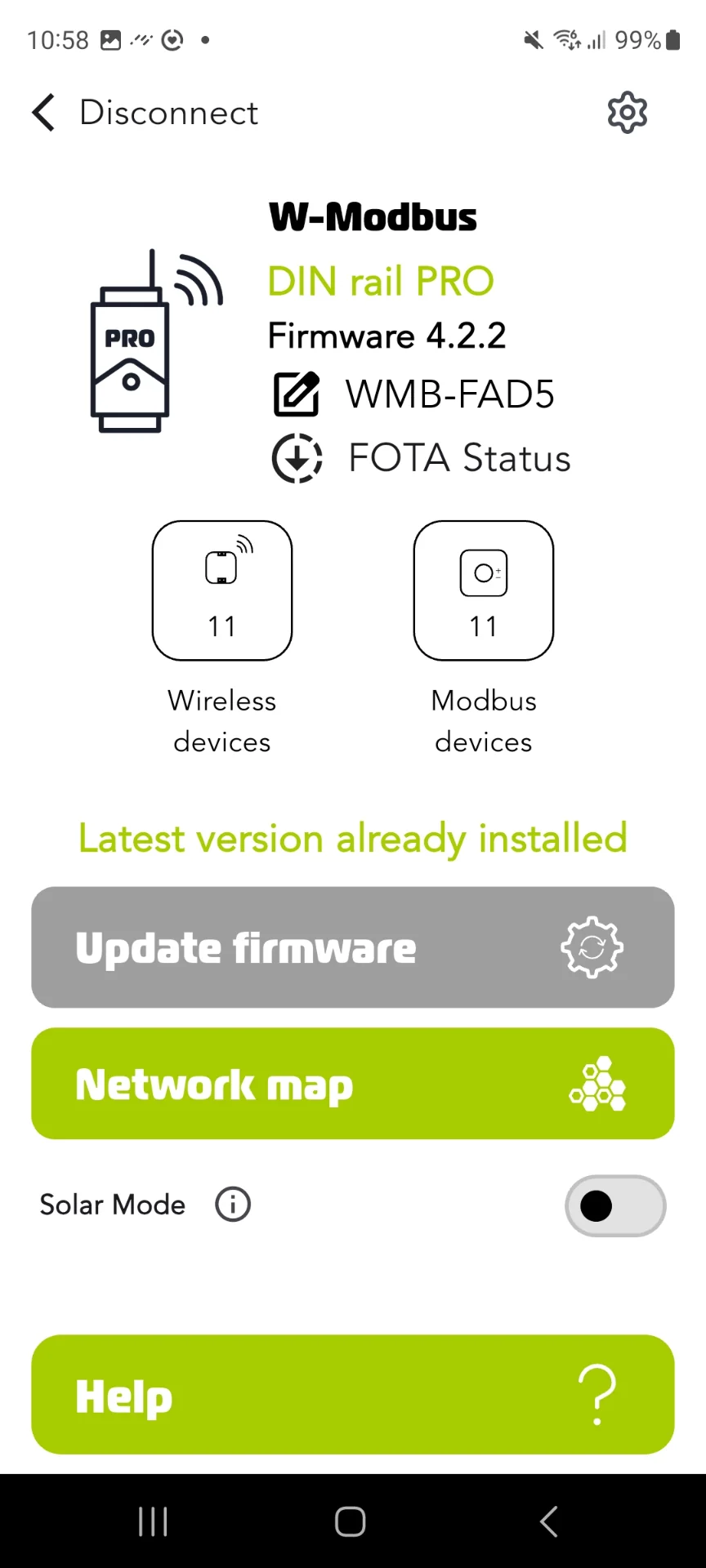 Connected gateway home screen with Settings icon