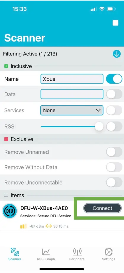 nRF Connect app on iPhone connecting to the device in DFU mode